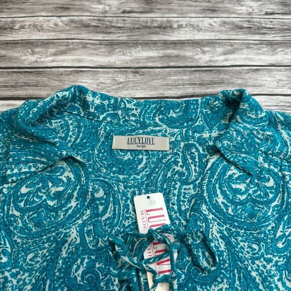 Women's Lucy Love Lace Up Casanova Blouse Tunic Teal Paisley L NWT - Picture 3 of 15